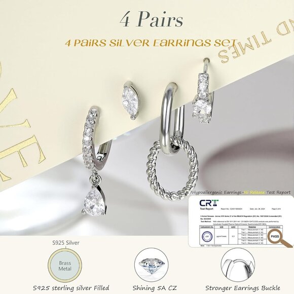 Hypoallergenic Women's Silver Earring Collection - 4 Pairs in Stylish Designs - Picture 4 of 6